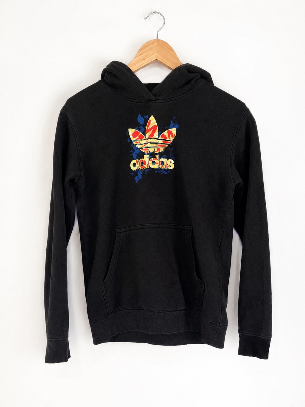 adidas Black Hoodie with Multicolor Trefoil Logo fits like Youth Medium